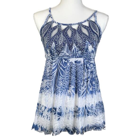 Miss Me Top Women Size Small Blue Burnout Gausy Embroidered Sheer Costal Blouse - Picture 1 of 13
